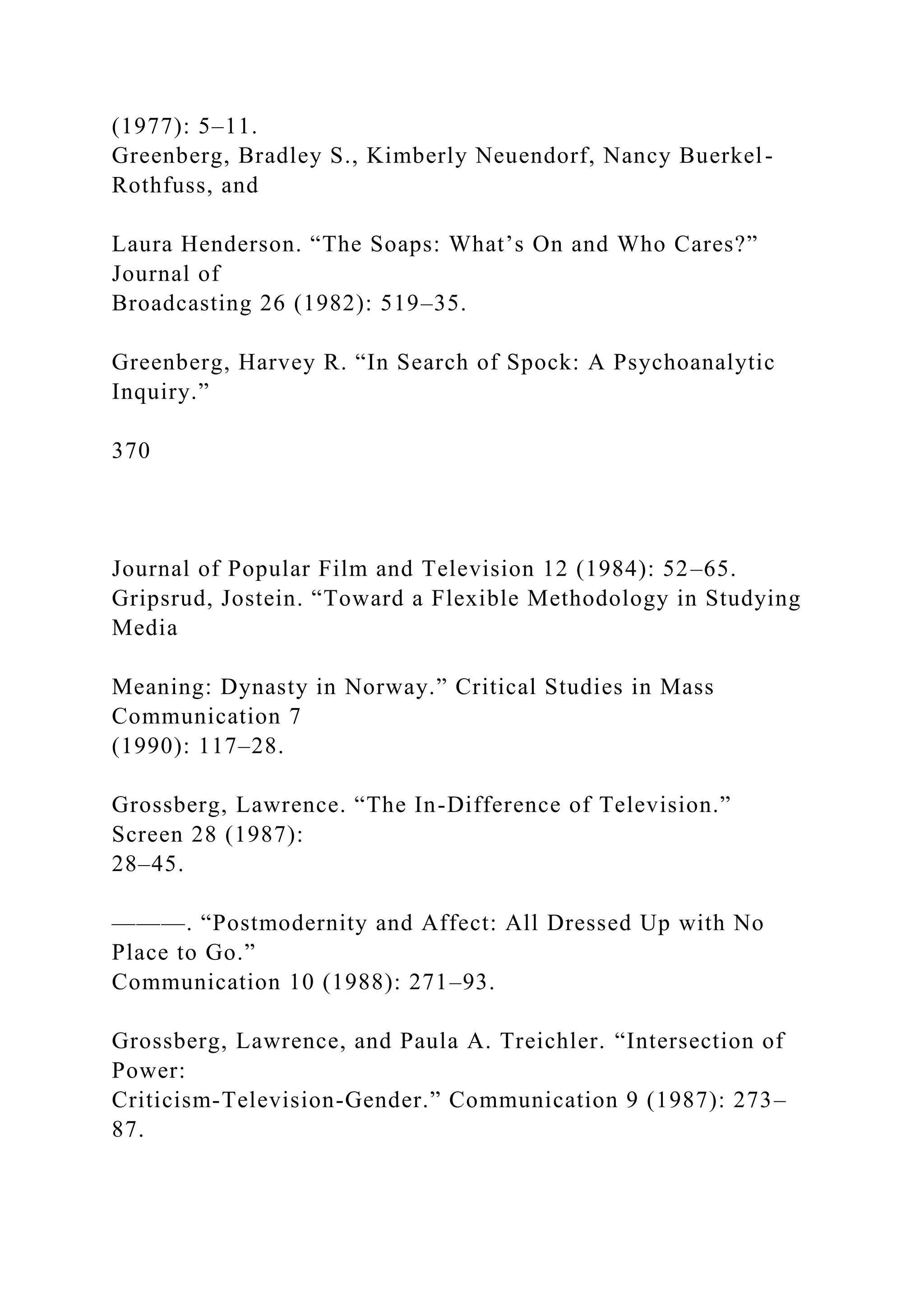 (1977): 5–11.
Greenberg, Bradley S., Kimberly Neuendorf, Nancy Buerkel-
Rothfuss, and
Laura Henderson. “The Soaps: What’s On and Who Cares?”
Journal of
Broadcasting 26 (1982): 519–35.
Greenberg, Harvey R. “In Search of Spock: A Psychoanalytic
Inquiry.”
370
Journal of Popular Film and Television 12 (1984): 52–65.
Gripsrud, Jostein. “Toward a Flexible Methodology in Studying
Media
Meaning: Dynasty in Norway.” Critical Studies in Mass
Communication 7
(1990): 117–28.
Grossberg, Lawrence. “The In-Difference of Television.”
Screen 28 (1987):
28–45.
———. “Postmodernity and Affect: All Dressed Up with No
Place to Go.”
Communication 10 (1988): 271–93.
Grossberg, Lawrence, and Paula A. Treichler. “Intersection of
Power:
Criticism-Television-Gender.” Communication 9 (1987): 273–
87.
 