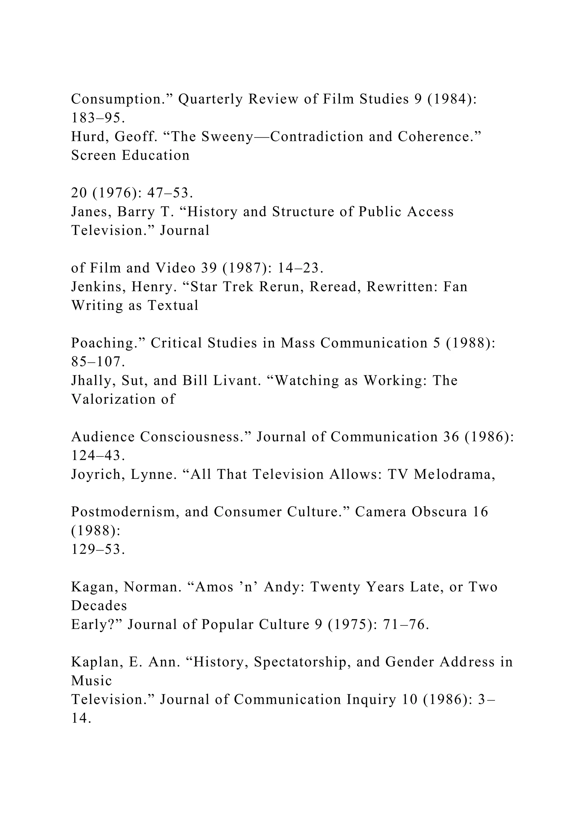 Consumption.” Quarterly Review of Film Studies 9 (1984):
183–95.
Hurd, Geoff. “The Sweeny—Contradiction and Coherence.”
Screen Education
20 (1976): 47–53.
Janes, Barry T. “History and Structure of Public Access
Television.” Journal
of Film and Video 39 (1987): 14–23.
Jenkins, Henry. “Star Trek Rerun, Reread, Rewritten: Fan
Writing as Textual
Poaching.” Critical Studies in Mass Communication 5 (1988):
85–107.
Jhally, Sut, and Bill Livant. “Watching as Working: The
Valorization of
Audience Consciousness.” Journal of Communication 36 (1986):
124–43.
Joyrich, Lynne. “All That Television Allows: TV Melodrama,
Postmodernism, and Consumer Culture.” Camera Obscura 16
(1988):
129–53.
Kagan, Norman. “Amos ’n’ Andy: Twenty Years Late, or Two
Decades
Early?” Journal of Popular Culture 9 (1975): 71–76.
Kaplan, E. Ann. “History, Spectatorship, and Gender Address in
Music
Television.” Journal of Communication Inquiry 10 (1986): 3–
14.
 