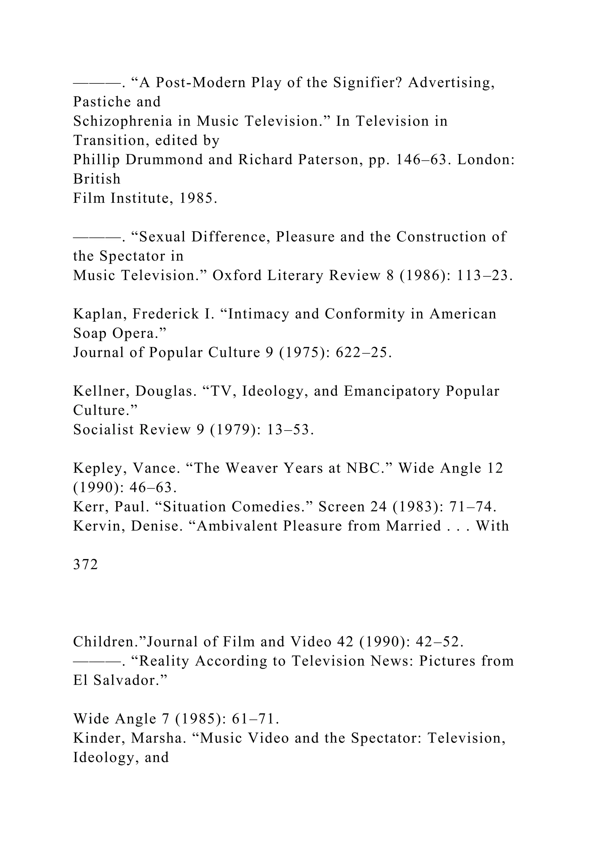———. “A Post-Modern Play of the Signifier? Advertising,
Pastiche and
Schizophrenia in Music Television.” In Television in
Transition, edited by
Phillip Drummond and Richard Paterson, pp. 146–63. London:
British
Film Institute, 1985.
———. “Sexual Difference, Pleasure and the Construction of
the Spectator in
Music Television.” Oxford Literary Review 8 (1986): 113–23.
Kaplan, Frederick I. “Intimacy and Conformity in American
Soap Opera.”
Journal of Popular Culture 9 (1975): 622–25.
Kellner, Douglas. “TV, Ideology, and Emancipatory Popular
Culture.”
Socialist Review 9 (1979): 13–53.
Kepley, Vance. “The Weaver Years at NBC.” Wide Angle 12
(1990): 46–63.
Kerr, Paul. “Situation Comedies.” Screen 24 (1983): 71–74.
Kervin, Denise. “Ambivalent Pleasure from Married . . . With
372
Children.”Journal of Film and Video 42 (1990): 42–52.
———. “Reality According to Television News: Pictures from
El Salvador.”
Wide Angle 7 (1985): 61–71.
Kinder, Marsha. “Music Video and the Spectator: Television,
Ideology, and
 