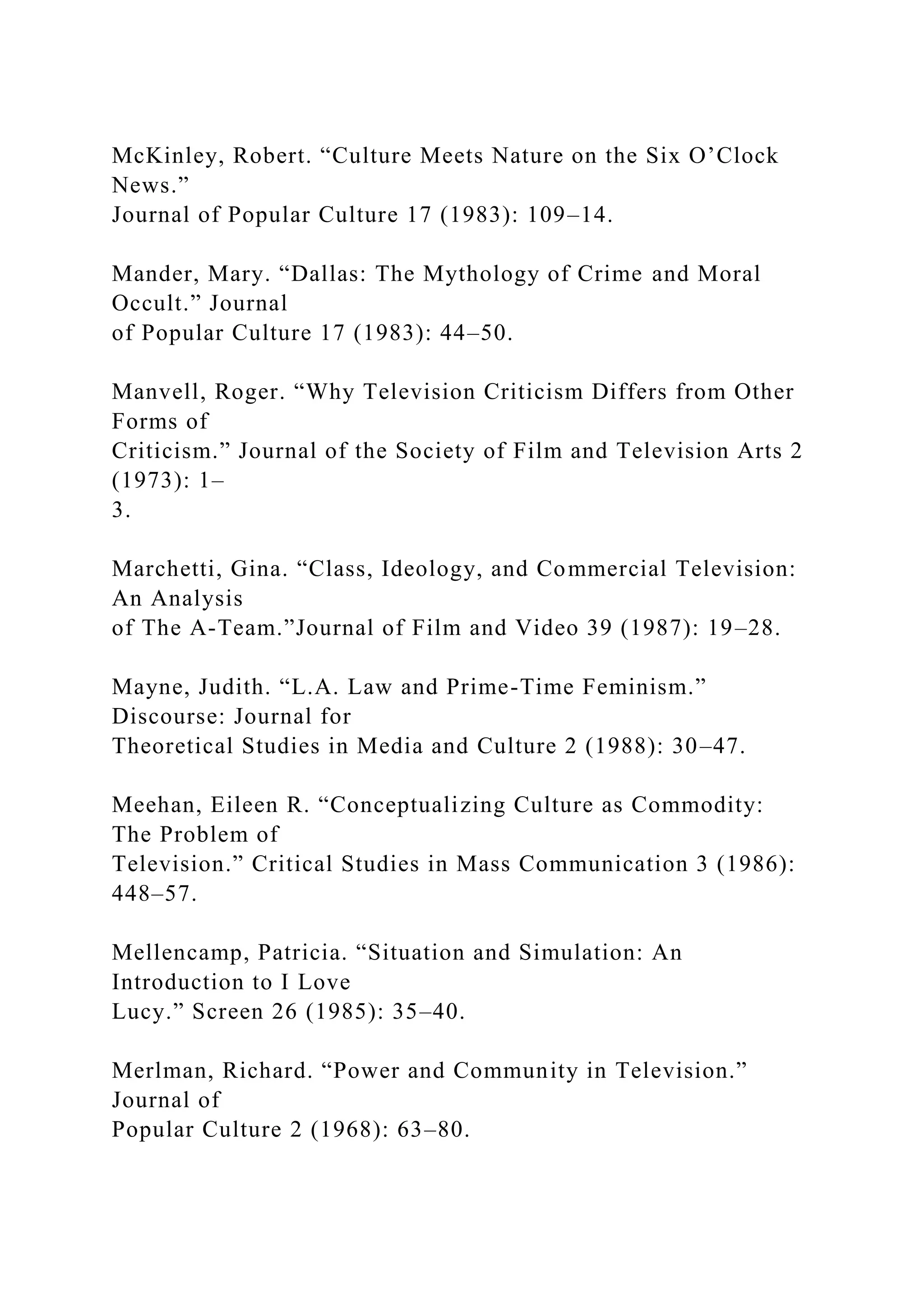 McKinley, Robert. “Culture Meets Nature on the Six O’Clock
News.”
Journal of Popular Culture 17 (1983): 109–14.
Mander, Mary. “Dallas: The Mythology of Crime and Moral
Occult.” Journal
of Popular Culture 17 (1983): 44–50.
Manvell, Roger. “Why Television Criticism Differs from Other
Forms of
Criticism.” Journal of the Society of Film and Television Arts 2
(1973): 1–
3.
Marchetti, Gina. “Class, Ideology, and Commercial Television:
An Analysis
of The A-Team.”Journal of Film and Video 39 (1987): 19–28.
Mayne, Judith. “L.A. Law and Prime-Time Feminism.”
Discourse: Journal for
Theoretical Studies in Media and Culture 2 (1988): 30–47.
Meehan, Eileen R. “Conceptualizing Culture as Commodity:
The Problem of
Television.” Critical Studies in Mass Communication 3 (1986):
448–57.
Mellencamp, Patricia. “Situation and Simulation: An
Introduction to I Love
Lucy.” Screen 26 (1985): 35–40.
Merlman, Richard. “Power and Community in Television.”
Journal of
Popular Culture 2 (1968): 63–80.
 