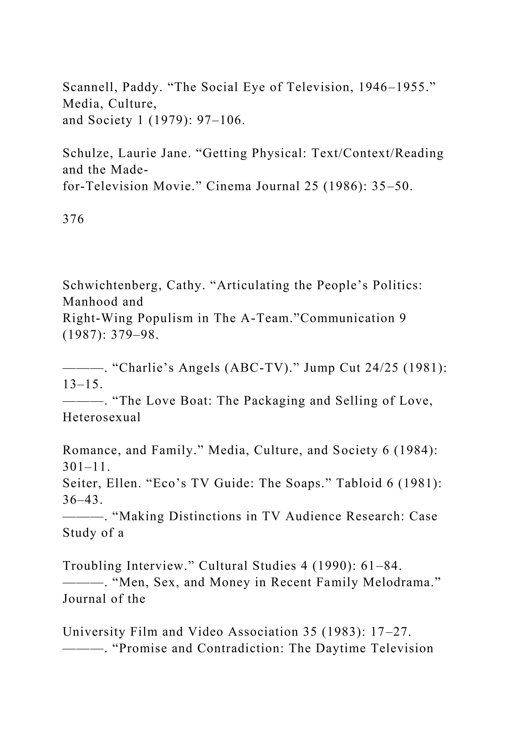 Scannell, Paddy. “The Social Eye of Television, 1946–1955.”
Media, Culture,
and Society 1 (1979): 97–106.
Schulze, Laurie Jane. “Getting Physical: Text/Context/Reading
and the Made-
for-Television Movie.” Cinema Journal 25 (1986): 35–50.
376
Schwichtenberg, Cathy. “Articulating the People’s Politics:
Manhood and
Right-Wing Populism in The A-Team.”Communication 9
(1987): 379–98.
———. “Charlie’s Angels (ABC-TV).” Jump Cut 24/25 (1981):
13–15.
———. “The Love Boat: The Packaging and Selling of Love,
Heterosexual
Romance, and Family.” Media, Culture, and Society 6 (1984):
301–11.
Seiter, Ellen. “Eco’s TV Guide: The Soaps.” Tabloid 6 (1981):
36–43.
———. “Making Distinctions in TV Audience Research: Case
Study of a
Troubling Interview.” Cultural Studies 4 (1990): 61–84.
———. “Men, Sex, and Money in Recent Family Melodrama.”
Journal of the
University Film and Video Association 35 (1983): 17–27.
———. “Promise and Contradiction: The Daytime Television
 