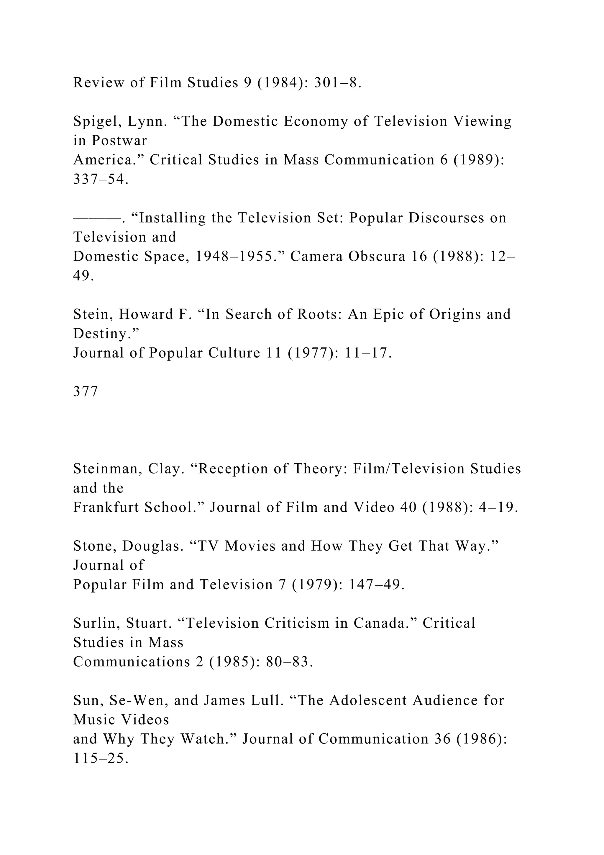 Review of Film Studies 9 (1984): 301–8.
Spigel, Lynn. “The Domestic Economy of Television Viewing
in Postwar
America.” Critical Studies in Mass Communication 6 (1989):
337–54.
———. “Installing the Television Set: Popular Discourses on
Television and
Domestic Space, 1948–1955.” Camera Obscura 16 (1988): 12–
49.
Stein, Howard F. “In Search of Roots: An Epic of Origins and
Destiny.”
Journal of Popular Culture 11 (1977): 11–17.
377
Steinman, Clay. “Reception of Theory: Film/Television Studies
and the
Frankfurt School.” Journal of Film and Video 40 (1988): 4–19.
Stone, Douglas. “TV Movies and How They Get That Way.”
Journal of
Popular Film and Television 7 (1979): 147–49.
Surlin, Stuart. “Television Criticism in Canada.” Critical
Studies in Mass
Communications 2 (1985): 80–83.
Sun, Se-Wen, and James Lull. “The Adolescent Audience for
Music Videos
and Why They Watch.” Journal of Communication 36 (1986):
115–25.
 
