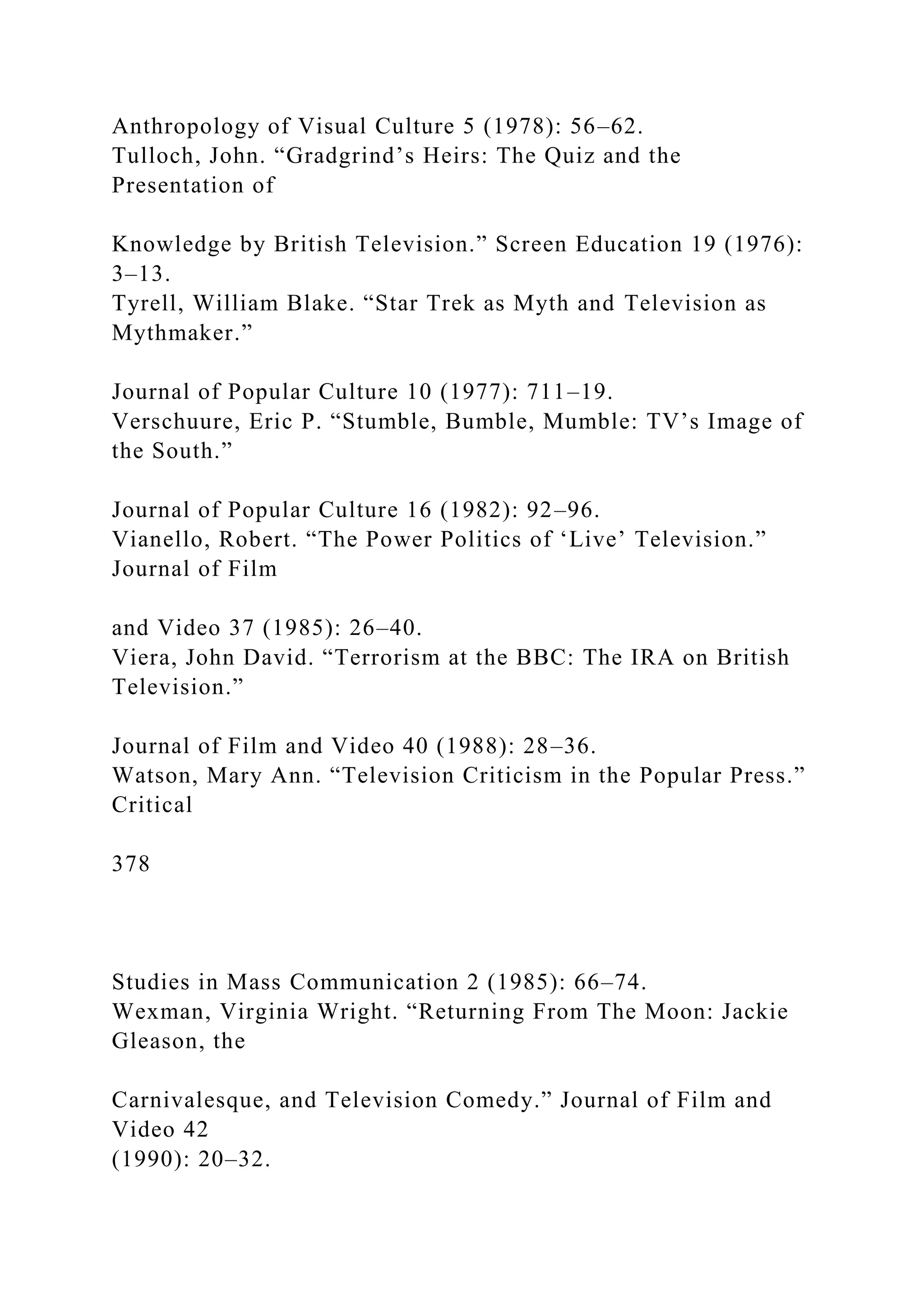 Anthropology of Visual Culture 5 (1978): 56–62.
Tulloch, John. “Gradgrind’s Heirs: The Quiz and the
Presentation of
Knowledge by British Television.” Screen Education 19 (1976):
3–13.
Tyrell, William Blake. “Star Trek as Myth and Television as
Mythmaker.”
Journal of Popular Culture 10 (1977): 711–19.
Verschuure, Eric P. “Stumble, Bumble, Mumble: TV’s Image of
the South.”
Journal of Popular Culture 16 (1982): 92–96.
Vianello, Robert. “The Power Politics of ‘Live’ Television.”
Journal of Film
and Video 37 (1985): 26–40.
Viera, John David. “Terrorism at the BBC: The IRA on British
Television.”
Journal of Film and Video 40 (1988): 28–36.
Watson, Mary Ann. “Television Criticism in the Popular Press.”
Critical
378
Studies in Mass Communication 2 (1985): 66–74.
Wexman, Virginia Wright. “Returning From The Moon: Jackie
Gleason, the
Carnivalesque, and Television Comedy.” Journal of Film and
Video 42
(1990): 20–32.
 