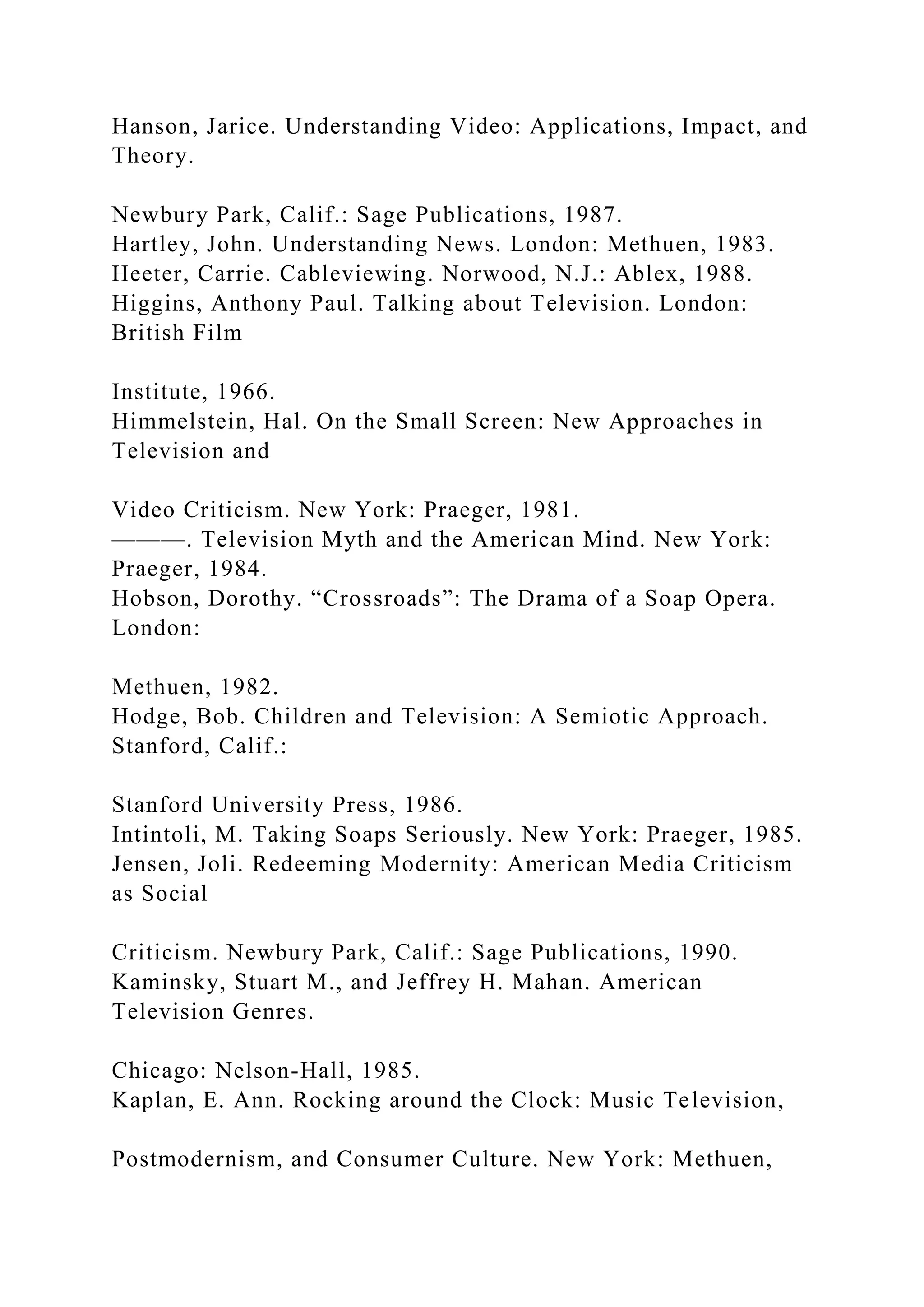 Hanson, Jarice. Understanding Video: Applications, Impact, and
Theory.
Newbury Park, Calif.: Sage Publications, 1987.
Hartley, John. Understanding News. London: Methuen, 1983.
Heeter, Carrie. Cableviewing. Norwood, N.J.: Ablex, 1988.
Higgins, Anthony Paul. Talking about Television. London:
British Film
Institute, 1966.
Himmelstein, Hal. On the Small Screen: New Approaches in
Television and
Video Criticism. New York: Praeger, 1981.
———. Television Myth and the American Mind. New York:
Praeger, 1984.
Hobson, Dorothy. “Crossroads”: The Drama of a Soap Opera.
London:
Methuen, 1982.
Hodge, Bob. Children and Television: A Semiotic Approach.
Stanford, Calif.:
Stanford University Press, 1986.
Intintoli, M. Taking Soaps Seriously. New York: Praeger, 1985.
Jensen, Joli. Redeeming Modernity: American Media Criticism
as Social
Criticism. Newbury Park, Calif.: Sage Publications, 1990.
Kaminsky, Stuart M., and Jeffrey H. Mahan. American
Television Genres.
Chicago: Nelson-Hall, 1985.
Kaplan, E. Ann. Rocking around the Clock: Music Television,
Postmodernism, and Consumer Culture. New York: Methuen,
 