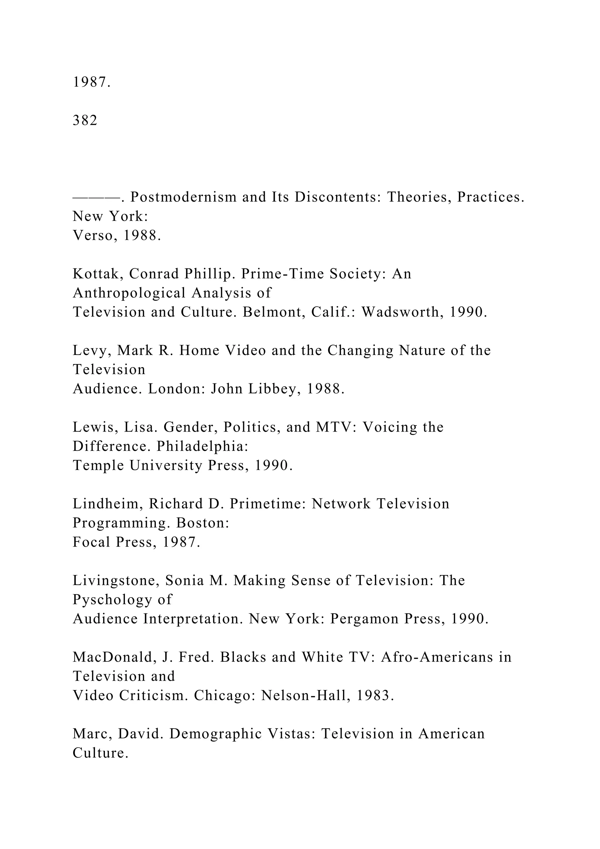 1987.
382
———. Postmodernism and Its Discontents: Theories, Practices.
New York:
Verso, 1988.
Kottak, Conrad Phillip. Prime-Time Society: An
Anthropological Analysis of
Television and Culture. Belmont, Calif.: Wadsworth, 1990.
Levy, Mark R. Home Video and the Changing Nature of the
Television
Audience. London: John Libbey, 1988.
Lewis, Lisa. Gender, Politics, and MTV: Voicing the
Difference. Philadelphia:
Temple University Press, 1990.
Lindheim, Richard D. Primetime: Network Television
Programming. Boston:
Focal Press, 1987.
Livingstone, Sonia M. Making Sense of Television: The
Pyschology of
Audience Interpretation. New York: Pergamon Press, 1990.
MacDonald, J. Fred. Blacks and White TV: Afro-Americans in
Television and
Video Criticism. Chicago: Nelson-Hall, 1983.
Marc, David. Demographic Vistas: Television in American
Culture.
 