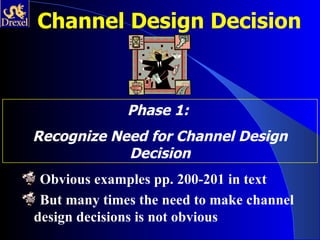 Channel Design Decision



              Phase 1:
Recognize Need for Channel Design
            Decision
 Obvious examples pp. 200-201 in text
 But many times the need to make channel
design decisions is not obvious
 