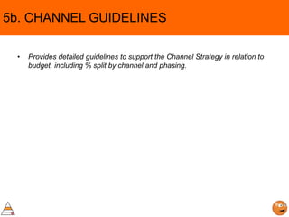 5b. CHANNEL GUIDELINES
• Provides detailed guidelines to support the Channel Strategy in relation to
budget, including % split by channel and phasing.
 
