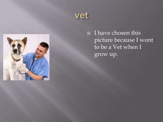   I have chosen this
    picture because I wont
    to be a Vet when I
    grow up.
 