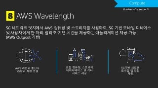 8 AWS Wavelength
DRAFTCompute
Preview – December 3
5G 네트워크 엣지에서 AWS 컴퓨팅 및 스토리지를 사용하여, 5G 기반 모바일 디바이스
및 사용자에게 한 자리 밀리 초 지연 시간을 제공하는 애플리케이션 제공 가능
(AWS Outpost 기반)
 