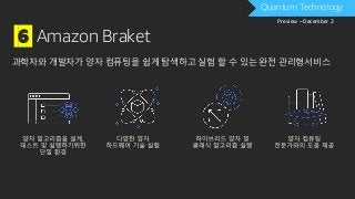 6 Amazon Braket
과학자와 개발자가 양자 컴퓨팅을 쉽게 탐색하고 실험 할 수 있는 완전 관리형서비스
DRAFTQuantum Technology
Preview – December 2
 
