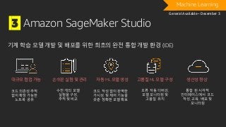 3 Amazon SageMaker Studio
기계 학습 모델 개발 및 배포를 위한 최초의 완전 통합 개발 환경 (IDE)
수천 개의 모델
실험을 구성,
추적 및 비교
손쉬운 실험 및 관리
코드 의존성 추적
없이 확장 가능한
노트북 공유
대규모 협업 가능
코드 작성 없이 완벽한
가시성 및 제어 기능을
갖춘 정확한 모델 확보
자동 ML 모델 생성
오류 자동 디버깅,
모델 모니터링 및
고품질 유지
고품질 ML 모델 구성
통합 된 시각적
인터페이스에서 코드
작성, 교육, 배포 및
모니터링
생산성 향상
Machine Learning
General Available – December 3
 
