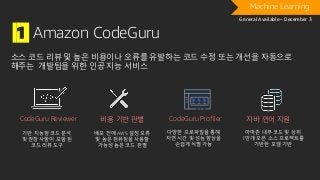1 Amazon CodeGuru
기반 지능형 코드 분석
및 권장 사항이 포함 된
코드 리뷰 도구
배포 전에 AWS 설정 오류
및 높은 컴퓨팅을 사용할
가능성 높은 코드 판별
다양한 프로파일을 통해
지연 시간 및 성능 향상을
손쉽게 식별 가능
CodeGuru Reviewer CodeGuru Profiler
Machine Learning
General Available – December 3
소스 코드 리뷰 및 높은 비용이나 오류를 유발하는 코드 수정 또는 개선을 자동으로
해주는 개발팀을 위한 인공 지능 서비스
비용 기반 판별
아마존 내부 코드 및 상위
1만개 오픈 소스 프로젝트를
기반한 모델 기반
자바 언어 지원
 