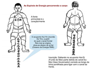 As Espirais de Energia percorrendo o corpo




      A fonte
      primordial é o
      coração/mente




       O acuponto Hui-Yin (reunião
            Do Yin), a partir
         do qual o canal frontal
           Ren-mai se origina,
        situa-se abaixo de qi-hai
       (Oceano de Energia RM6).




                          Inscrição: Saltando no acuponto Hai-Di
                          (Fundo do Mar) parte detrás do canal Du-
                          Mai (Vaso Governador) corredo ao longo da
                          linha pontilhada para ligar com o canal da
                          frente.
 