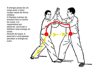 A energia passa de um
corpo para o outro,
muitas vezes de forma
cinética.
O Dantien (campo de
enxofre) fica no centro
do corpo, e é
responsável por
absorver, acumular e
distribuir esta energia no
corpo.
Através do toque, é
possível a uma pessoa
perceber a energia do
outro.
 