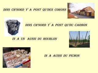 Dins  ch’nord  y  a  pont  qu’des  corons Dins  ch’nord  y  a  pont  qu’du  carbon In  a  un  aussi  du  houblon In  a  aussi  du  pichon 