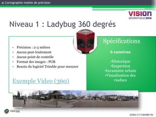a) Cartographie mobile de précision 
GATINEAU, 12 ET 13 NOVEMBRE 2014 
Spécifications 
•Précision : 2-3 mètres 
•Aucun post-traitement 
•Aucun point de contrôle 
•Format des images : PGR 
•Besoin du logiciel Trimble pour mesurer 
Exemple Video (360) 
Niveau 1 : Ladybug 360 degrés 
6 caméras 
•Historique 
•Inspection 
•Invantaire urbain 
•Visualisation des viaducs  