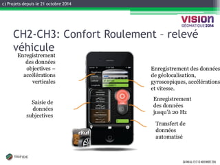 c) Projets depuis le 21 octobre 2014 
GATINEAU, 12 ET 13 NOVEMBRE 2014 
CH2-CH3: Confort Roulement – relevé véhicule 
Saisie de données subjectives 
Enregistrement des données objectives – accélérations verticales 
Enregistrement des données de géolocalisation, gyroscopiques, accélérations et vitesse. 
Enregistrement des données jusqu’à 20 Hz 
Transfert de données automatisé  