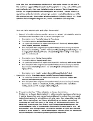 issue. Soon after, the student drops out of school or even worse, commits suicide. None of
    that could have happened if I just made the bullying a priority by having a talk with the victim
    and the offender to let them know that what is going on is wrong. That is the worst case
    scenario and I hope I will never have to find myself in that situation. I am only human so of
    course there can be discrimination going on right under my nose but I just do not see it. My
    plan is to confront every situation I see when it comes to discrimination whether it is a simple
    comment or scheduling a meeting with the parents. I would never want to ignore it.




    What now – Who is already doing work to fight discrimination?

    1. Research at least 3 organizations, speakers, writers, etc., who are currently taking action to
       alleviate discrimination of any kind. Include the following for each:
       • Organization name: There’s No Excuse for Peer Abuse
       • Organization website: antibullyingprograms.org
       • The type of discrimination the organization or person is addressing: bullying, cyber,
           social, physical, emotional, bias based.
       • Brief description of the program/activity/action the organization is doing to alleviate
           discrimination: Becoming a positive bystander without putting yourself or anyone else
           in danger, internet safety, difference between ratting and reporting, how to create a
           bully free environment.

        •   Organization name: Fighting Discrimination
        •   Organization website: humanrightsfirst.org
        •   The type of discrimination the organization or person is addressing: hate or bias crimes
        •   Brief description of the program/activity/action the organization is doing to alleviate
            discrimination: Promoting inclusion and combating hate crime as a serious human
            rights violation.

       • Organization name: Healthy Lesbian, Gay, and Bisexual Students Project
•   Organization website: http://www.apa.org/pi/lgbt/programs/hlgbsp/index.aspx
       • The type of discrimination the organization or person is addressing: lesbian, gay,
           bisexual, and questioning youth
       • Brief description of the program/activity/action the organization is doing to alleviate
           discrimination: Goal is to help schools, families, and communities promote the
           healthy growth and full development of LGBQ youth.


    2. Then, comment on how YOU can take action to alleviate discrimination.
       The best way to alleviate discrimination is by setting examples myself, even when no one
       is looking. Students look up to me as a leader and I would never lead them down a path
       to discriminating other for being different. It is what makes them unique. Like the article
       said, children are the future and children who identify as gay, lesbian, bisexual, and
       transgender are equal contributors in that future. It is also best to teach students that
       every single person is equal. They deserve equal rights and deserve equal respect. As
       mentioned earlier, I plan on never setting a discrimination situation aside for later. I will
       always make it a top priority whether it is correcting a student by saying what they said
       was rude or wrong. If I have to I will set a meeting with offender, victim, and their parents
       to confront the issue. I will never ignore or try to avoid the problem.
 