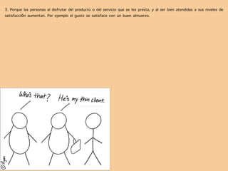 3. Porque las personas al disfrutar del producto o del servicio que se les presta, y al ser bien atendidas a sus niveles de
satisfacción aumentan. Por ejemplo el gusto se satisface con un buen almuerzo.
 