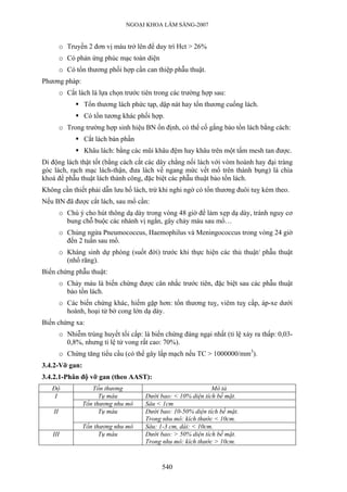NGOẠI KHOA LÂM SÀNG-2007
o Truyền 2 đơn vị máu trở lên để duy trì Hct > 26%
o Có phản ứng phúc mạc toàn diện
o Có tổn thương phối hợp cần can thiệp phẫu thuật.
Phương pháp:
o Cắt lách là lựa chọn trước tiên trong các trường hợp sau:
Tổn thương lách phức tạp, dập nát hay tổn thương cuống lách.
Có tổn tương khác phối hợp.
o Trong trường hợp sinh hiệu BN ổn định, có thể cố gắng bảo tồn lách bằng cách:
Cắt lách bán phần
Khâu lách: bằng các mũi khâu đệm hay khâu trên một tấm mesh tan được.
Di động lách thật tốt (bằng cách cắt các dây chằng nối lách với vòm hoành hay đại tràng
góc lách, rạch mạc lách-thận, đưa lách về ngang mức vết mổ trên thành bụng) là chìa
khoá để phẫu thuật lách thành công, đặc biệt các phẫu thuật bảo tồn lách.
Không cần thiết phải dẫn lưu hố lách, trừ khi nghi ngờ có tổn thương đuôi tuỵ kèm theo.
Nếu BN đã được cắt lách, sau mổ cần:
o Chú ý cho hút thông dạ dày trong vòng 48 giờ để làm xẹp dạ dày, tránh nguy cơ
bung chỗ buộc các nhánh vị ngắn, gây chảy máu sau mổ…
o Chủng ngừa Pneumococcus, Haemophilus và Meningococcus trong vòng 24 giờ
đến 2 tuần sau mổ.
o Kháng sinh dự phòng (suốt đời) trước khi thực hiện các thủ thuật/ phẫu thuật
(nhổ răng).
Biến chứng phẫu thuật:
o Chảy máu là biến chứng được cân nhắc trước tiên, đặc biệt sau các phẫu thuật
bảo tồn lách.
o Các biến chứng khác, hiếm gặp hơn: tổn thương tuỵ, viêm tuỵ cấp, áp-xe dưới
hoành, hoại tử bờ cong lớn dạ dày.
Biến chứng xa:
o Nhiễm trùng huyết tối cấp: là biến chứng đáng ngại nhất (tỉ lệ xảy ra thấp: 0,03-
0,8%, nhưng tỉ lệ tử vong rất cao: 70%).
o Chứng tăng tiểu cầu (có thể gây lấp mạch nếu TC > 1000000/mm3
).
3.4.2-Vỡ gan:
3.4.2.1-Phân độ vỡ gan (theo AAST):
Độ Tổn thương Mô tả
Tụ máu Dưới bao: < 10% diện tích bề mặt.I
Tổn thương nhu mô Sâu < 1cm
Tụ máu Dưới bao: 10-50% diện tích bề mặt.
Trong nhu mô: kích thước < 10cm.
II
Tổn thương nhu mô Sâu: 1-3 cm, dài: < 10cm.
III Tụ máu Dưới bao: > 50% diện tích bề mặt.
Trong nhu mô: kích thước > 10cm.
540
 