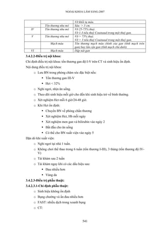 NGOẠI KHOA LÂM SÀNG-2007
Vỡ khối tụ máu.
Tổn thương nhu mô Sâu: > 3 cm.
IV Tổn thương nhu mô Vỡ 25-75% thuỳ.
Vỡ 1-3 tiểu thuỳ Couinaud trong một thuỳ gan.
V Tổn thương nhu mô Vỡ > 75% thuỳ.
Vỡ > 3 tiểu thuỳ Couinaud trong một thuỳ gan.
Mạch máu Tổn thương mạch máu chính của gan (tĩnh mạch trên
gan) hay lân cận gan (tĩnh mạch chủ dưới)
VI Mạch máu Dập nát gan
3.4.2.2-Điều trị nội khoa:
Chỉ định điều trị nội khoa: tổn thương gan độ I-V trên CT và sinh hiệu ổn định.
Nội dung điều trị nội khoa:
o Lưu BN trong phòng chăm sóc đặc biệt nếu:
Tổn thương gan III-V
Hct < 32%
o Nghỉ ngơi, nhịn ăn uống.
o Theo dõi sinh hiệu mỗi giờ cho đến khi sinh hiệu trở về bình thường.
o Xét nghiệm Hct mỗi 6 giờ/24-48 giờ.
o Khi Hct ổn định:
Chuyển BN về phòng chấn thương
Xét nghiệm Hct, Hb mỗi ngày
Xét nghiệm men gan và bilirubin vào ngày 2
Bắt đầu cho ăn uống
Có thể cho BN xuất viện vào ngày 5
Dặn dò khi xuất viện:
o Nghỉ ngơi tại nhà 1 tuần.
o Không chơi thể thao trong 6 tuần (tổn thương I-III), 3 tháng (tổn thương độ IV-
V)
o Tái khám sau 2 tuần
o Tái khám ngay khi có các dấu hiệu sau:
Đau nhiều hơn
Vàng da
3.4.2.3-Điều trị phẫu thuật:
3.4.2.3.1-Chỉ định phẫu thuật:
o Sinh hiệu không ổn định
o Bụng chướng và ấn đau nhiều hơn
o FAST: nhiều dịch trong xoanh bụng
o CT:
541
 