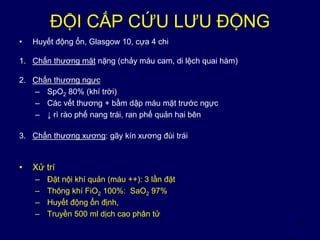 3
ĐỘI CẤP CỨU LƯU ĐỘNG
• Huyết động ổn, Glasgow 10, cựa 4 chi
1. Chấn thương mặt nặng (chảy máu cam, di lệch quai hàm)
2. Chấn thương ngực
– SpO2 80% (khí trời)
– Các vết thương + bầm dập máu mặt trước ngực
– ↓ rì rào phế nang trái, ran phế quản hai bên
3. Chấn thương xương: gãy kín xương đùi trái
• Xử trí
– Đặt nội khí quản (máu ++): 3 lần đặt
– Thông khí FiO2 100%: SaO2 97%
– Huyết động ổn định,
– Truyền 500 ml dịch cao phân tử
 