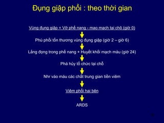 39
Đụng giập phổi : theo thời gian
Vùng đụng giập = Vỡ phế nang - mao mạch tại chõ (giờ 0)
Phù phổi tổn thương vùng đụng giập (giờ 2 – giờ 6)
Lắng đọng trong phế nang + Huyết khối mạch máu (giờ 24)
Phá hủy tổ chức tại chỗ
Nhr vào máu các chất trung gian tiền viêm
Viêm phổi hai bên
ARDS
 