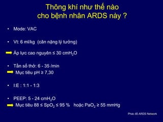 49
Thông khí như thế nào
cho bệnh nhân ARDS này ?
• Mode: VAC
• Vt: 6 ml/kg (cân nặng lý tưởng)
Áp lực cao nguyên ≤ 30 cmH2O
• Tần số thở: 6 - 35 /min
Mục tiêu pH ≥ 7,30
• I:E : 1:1 - 1:3
• PEEP: 5 - 24 cmH2O
Mục tiêu 88 ≤ SpO2 ≤ 95 % hoặc PaO2 ≥ 55 mmHg
Phác đồ ARDS Network
 
