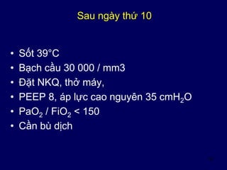 52
Sau ngày thứ 10
• Sốt 39°C
• Bạch cầu 30 000 / mm3
• Đặt NKQ, thở máy,
• PEEP 8, áp lực cao nguyên 35 cmH2O
• PaO2 / FiO2 < 150
• Cần bù dịch
 
