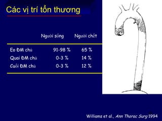 68
Người sống Người chết
Eo ĐM chủ 91-98 % 65 %
Quai ĐM chủ 0-3 % 14 %
Cuối ĐM chủ 0-3 % 12 %
Williams et al., Ann Thorac Surg 1994
Các vị trí tổn thương
 