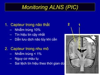 Monitoring ALNS (PIC)
1. Capteur trong não thất
– Nhiễm trùng 10%
– Tín hiệu tin cậy nhất
– Dẫn lưu dịch não tủy khi cần
2. Capteur trong nhu mô
– Nhiễm trùng < 1%
– Nguy cơ máu tụ
– Sai lệch tín hiệu theo thời gian dùng
2 1
 