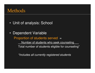 Methods

• Unit of analysis: School

• Dependent Variable
  Proportion of students served =
       Number of students who ...
