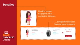 Desafios
R$ 270,81
Usuário entrou
na página para
comprar a boneca...
...e sugerimos que ele
levasse junto um pneu
 
