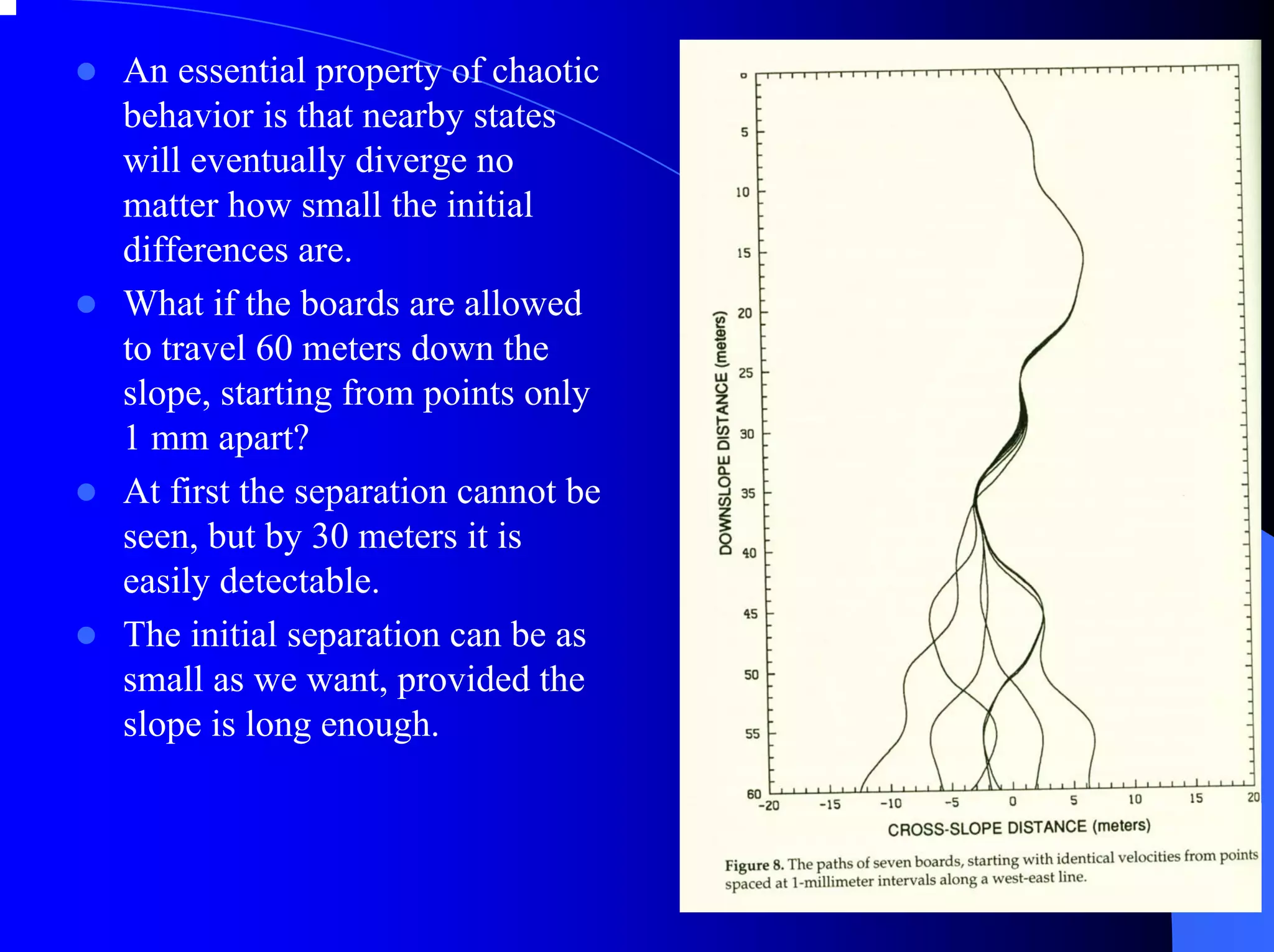 An essential property of chaotic
behavior is that nearby states
will eventually diverge no
matter how small the initial
differences are.
What if the boards are allowed
to travel 60 meters down the
slope, starting from points only
1 mm apart?
At first the separation cannot be
seen, but by 30 meters it is
easily detectable.
The initial separation can be as
small as we want, provided the
slope is long enough.
 