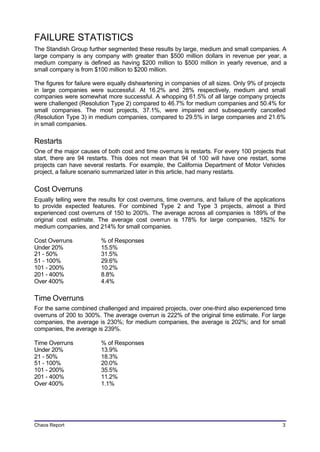 FAILURE STATISTICS
The Standish Group further segmented these results by large, medium and small companies. A
large company is any company with greater than $500 million dollars in revenue per year, a
medium company is defined as having $200 million to $500 million in yearly revenue, and a
small company is from $100 million to $200 million.

The figures for failure were equally disheartening in companies of all sizes. Only 9% of projects
in large companies were successful. At 16.2% and 28% respectively, medium and small
companies were somewhat more successful. A whopping 61.5% of all large company projects
were challenged (Resolution Type 2) compared to 46.7% for medium companies and 50.4% for
small companies. The most projects, 37.1%, were impaired and subsequently cancelled
(Resolution Type 3) in medium companies, compared to 29.5% in large companies and 21.6%
in small companies.

Restarts
One of the major causes of both cost and time overruns is restarts. For every 100 projects that
start, there are 94 restarts. This does not mean that 94 of 100 will have one restart, some
projects can have several restarts. For example, the California Department of Motor Vehicles
project, a failure scenario summarized later in this article, had many restarts.

Cost Overruns
Equally telling were the results for cost overruns, time overruns, and failure of the applications
to provide expected features. For combined Type 2 and Type 3 projects, almost a third
experienced cost overruns of 150 to 200%. The average across all companies is 189% of the
original cost estimate. The average cost overrun is 178% for large companies, 182% for
medium companies, and 214% for small companies.

Cost Overruns             % of Responses
Under 20%                 15.5%
21 - 50%                  31.5%
51 - 100%                 29.6%
101 - 200%                10.2%
201 - 400%                8.8%
Over 400%                 4.4%

Time Overruns
For the same combined challenged and impaired projects, over one-third also experienced time
overruns of 200 to 300%. The average overrun is 222% of the original time estimate. For large
companies, the average is 230%; for medium companies, the average is 202%; and for small
companies, the average is 239%.

Time Overruns             % of Responses
Under 20%                 13.9%
21 - 50%                  18.3%
51 - 100%                 20.0%
101 - 200%                35.5%
201 - 400%                11.2%
Over 400%                 1.1%




Chaos Report                                                                                    3
 
