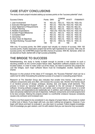 CASE STUDY CONCLUSIONS
The study of each project included adding up success points on the "success potential" chart.

                                                              CONFIR
Success Criteria                            Points DMV                     HYATT      ITAMARATI
                                                              M
1. User Involvement                         19       NO ( 0) NO ( 0)       YES (19)   YES (19)
2. Executive Management Support             16       NO ( 0) YES (16)      YES (16)   YES (16)
3. Clear Statement of Requirements          15       NO ( 0) NO ( 0)       YES (15)   NO ( 0)
4. Proper Planning                          11       NO ( 0) NO ( 0)       YES (11)   YES (11)
5. Realistic Expectations                   10       YES (10) YES (10)     YES (10)   YES (10)
6. Smaller Project Milestones               9        NO ( 0) NO ( 0)       YES ( 9)   YES ( 9)
7. Competent Staff                          8        NO ( 0) NO ( 0)       YES ( 8)   YES ( 8)
8. Ownership                                6        NO ( 0) NO ( 0)       YES ( 6)   YES ( 6)
9. Clear Vision & Objectives                3        NO ( 0) NO ( 0)       YES ( 3)   YES ( 3)
10. Hard-Working, Focused Staff             3        NO ( 0) YES ( 3)      YES ( 3)   YES ( 3)
TOTAL                                       100      10       29           100        85

With only 10 success points, the DMV project had virtually no chance of success. With 100
success points, Hyatt's reservation project had all the right ingredients for success. With only 29
success points, the CONFIRM project had little chance of success. With 85, Itamarati, while not
as assured as Hyatt, started with a high success probability.


THE BRIDGE TO SUCCESS
Notwithstanding, this study is hardly in-depth enough to provide a real solution to such a
daunting problem as the current project failure rates. Application software projects are truly in
troubled waters. In order to make order out of the chaos, we need to examine why projects fail.
Just like bridges, each major software failure must be investigated, studied, reported and
shared.

Because it is the product of the ideas of IT managers, the "Success Potential" chart can be a
useful tool for either forecasting the potential success of a project or evaluating project failure.

Research at The Standish Group also indicates that smaller time frames, with delivery of
software components early and often, will increase the success rate. Shorter time frames result
in an iterative process of design, prototype, develop, test, and deploy small elements. This
process is known as "growing" software, as opposed to the old concept of "developing"
software. Growing software engages the user earlier, each component has an owner or a small
set of owners, and expectations are realistically set. In addition, each software component has a
clear and precise statement and set of objectives. Software components and small projects tend
to be less complex. Making the projects simpler is a worthwhile endeavor because complexity
causes only confusion and increased cost.

There is one final aspect to be considered in any degree of project failure. All success is rooted
in either luck or failure. If you begin with luck, you learn nothing but arrogance. However, if you
begin with failure and learn to evaluate it, you also learn to succeed. Failure begets knowledge.
Out of knowledge you gain wisdom, and it is with wisdom that you can become truly successful.




Chaos Report                                                                                      8
 