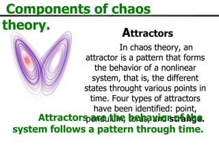 Components of chaos theory. A ttractors In chaos theory, an attractor is a pattern that forms the behavior of a nonlinear system, that is, the different states throught various points in time. Four types of attractors have been identified: point, pendulum, torus, and  strange. Attractors are the behavior of the system follows a pattern through time.  