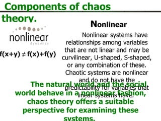 Components of chaos theory. N onlinear Nonlinear systems have relationships among variables that are not linear and may be curvilinear, U-shaped, S-shaped, or any combination of these. Chaotic systems are nonlinear and do not have the predictability for variables that linear systems have.  The natural world and the social world behave in a nonlinear fashion, chaos theory offers a suitable perspective for examining these systems.  f(x+y)  ≠  f(x)+f(y)   