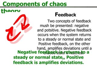 Components of chaos theory. F eedback Two concepts of feedback mush be presented: negative and potsitive. Negative feedback occurs when the system returns to a steady or normal state and Positive feedback, on the other hand, amplifies deviations until a chaotic state is reached.  Negative feedback is returns to a steady or normal state,, Positive feedback is amplifies deviations. 