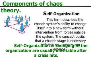 Components of chaos theory. S elf-Organization This term describes the chaotic system's ability to change itself into a new form without intervention from forces outside the system. The concept posits that a chaotic stage is necessary before a new system can emerge.  Self-Organization is changing to the organization are usually inevitable after a crisis hits. 
