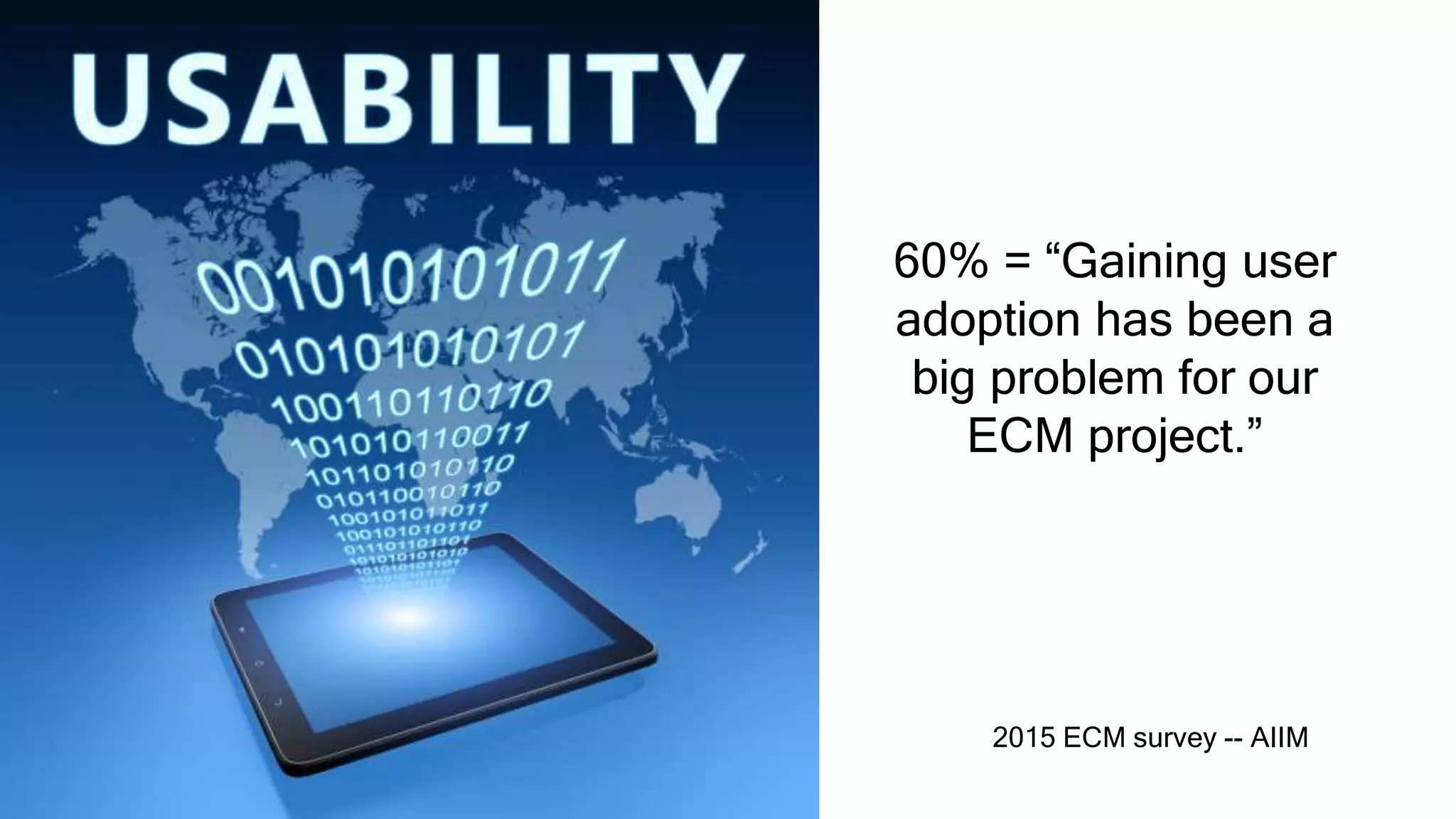 60% = “Gaining user
adoption has been a
big problem for our
ECM project.”
2015 ECM survey -- AIIM
 