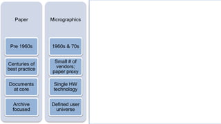 Paper
Pre 1960s
Centuries of
best practice
Documents
at core
Archive
focused
Micrographics
1960s & 70s
Small # of
vendors;
paper proxy
Single HW
technology
Defined user
universe
ERP
1980s
Documents
still often
paper
Sale to C-
Suite
Expensive
and complex
DM & Workflow
1990s
PCS, LANs,
and
Documents
Mission
critical
processes
Document
specialists
ECM
2000s
Suites and
acquisitions
“Enterprise”
layer
SharePoint
emergence
 