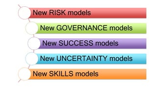 New RISK models
New GOVERNANCE models
New SUCCESS models
New UNCERTAINTY models
New SKILLS models
 