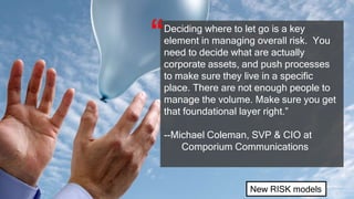 Deciding where to let go is a key
element in managing overall risk. You
need to decide what are actually
corporate assets, and push processes
to make sure they live in a specific
place. There are not enough people to
manage the volume. Make sure you get
that foundational layer right.”
--Michael Coleman, SVP & CIO at
Comporium Communications
“
New RISK models
 