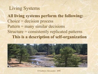 © Kathryn Alexander. 2008 Living Systems All living systems perform the following: Choice = decision process Pattern = many similar decisions Structure = consistently replicated patterns This is a description of self-organization 