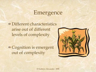Emergence Different characteristics arise out of different levels of complexity Cognition is emergent out of complexity © Kathryn Alexander. 2008 