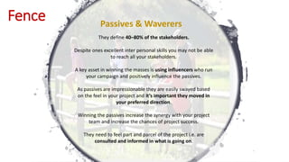 They define 40–80% of the stakeholders.
Despite ones excellent inter personal skills you may not be able
to reach all your stakeholders.
A key asset in winning the masses is using influencers who run
your campaign and positively influence the passives.
As passives are impressionable they are easily swayed based
on the feel in your project and it’s important they moved in
your preferred direction.
Winning the passives increase the synergy with your project
team and increase the chances of project success.
They need to feel part and parcel of the project i.e. are
consulted and informed in what is going on.
Fence Passives & Waverers
 