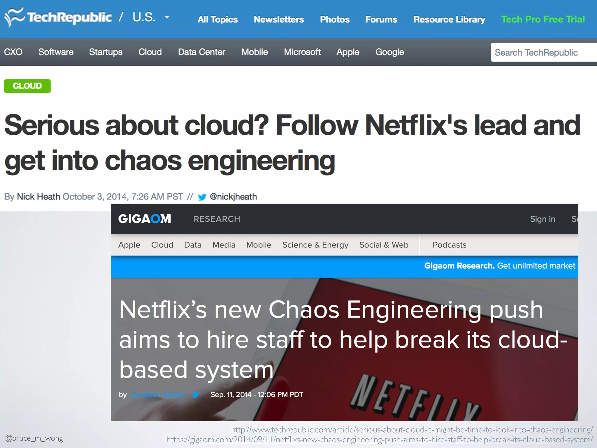 http://www.techrepublic.com/article/serious-about-cloud-it-might-be-time-to-look-into-chaos-engineering/
https://gigaom.com/2014/09/11/netﬂixs-new-chaos-engineering-push-aims-to-hire-staff-to-help-break-its-cloud-based-system/@bruce_m_wong
 