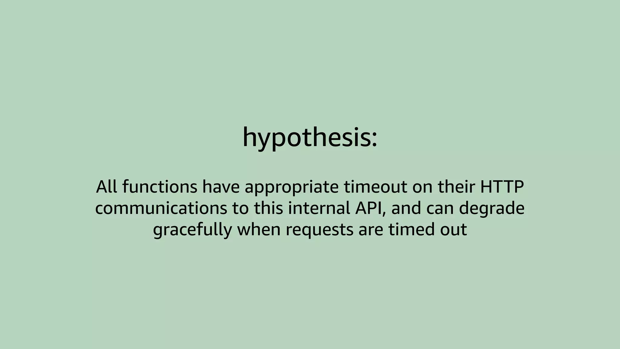 hypothesis:
All functions have appropriate timeout on their HTTP
communications to this internal API, and can degrade
gracefully when requests are timed out
 