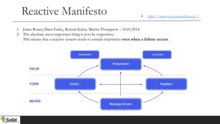 Reactive Manifesto
1. Jones Boner, Dave Farley, Roland Kuhn, Martin Thompson – 16.01.2014
2. The absolute, most important thing is it to be responsive.
This means that a reactive system needs to remain responsive even when a failure occurs.
• https://www.reactivemanifesto.org/it
 